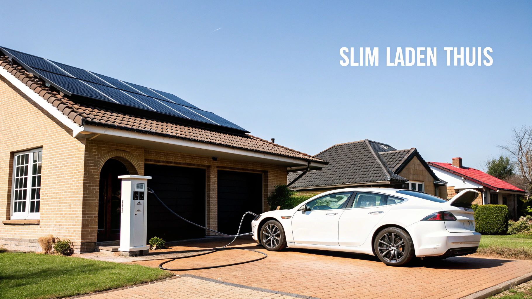 Een wit elektrisch voertuig laadt op bij een huis met zonnepanelen op het dak onder een heldere lucht.