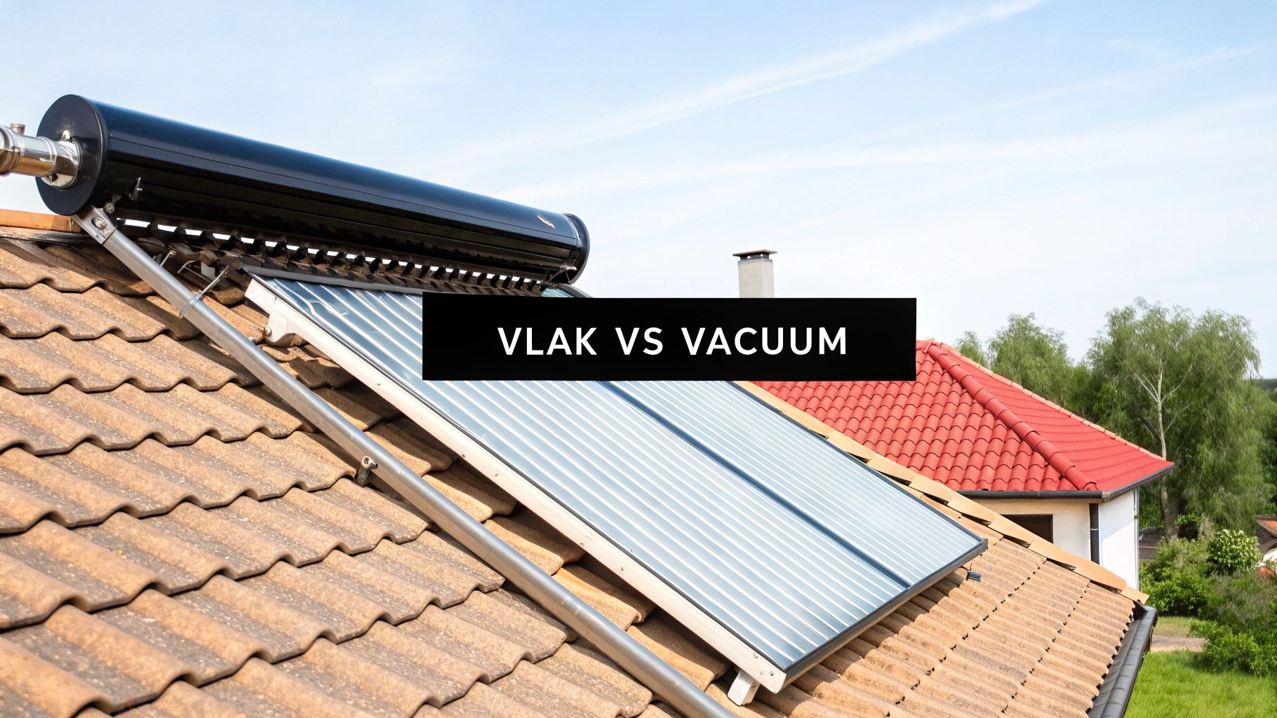 Zonneboiler en zonnecollectoren op een pannendak onder een blauwe lucht.