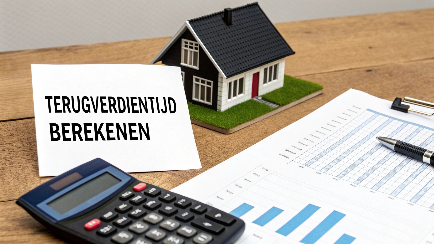 Overzicht met miniatuur huis, rekenmachine, grafieken en 'TERUGVERDIENTIJD BEREKENEN' voor vastgoedinvestering.
