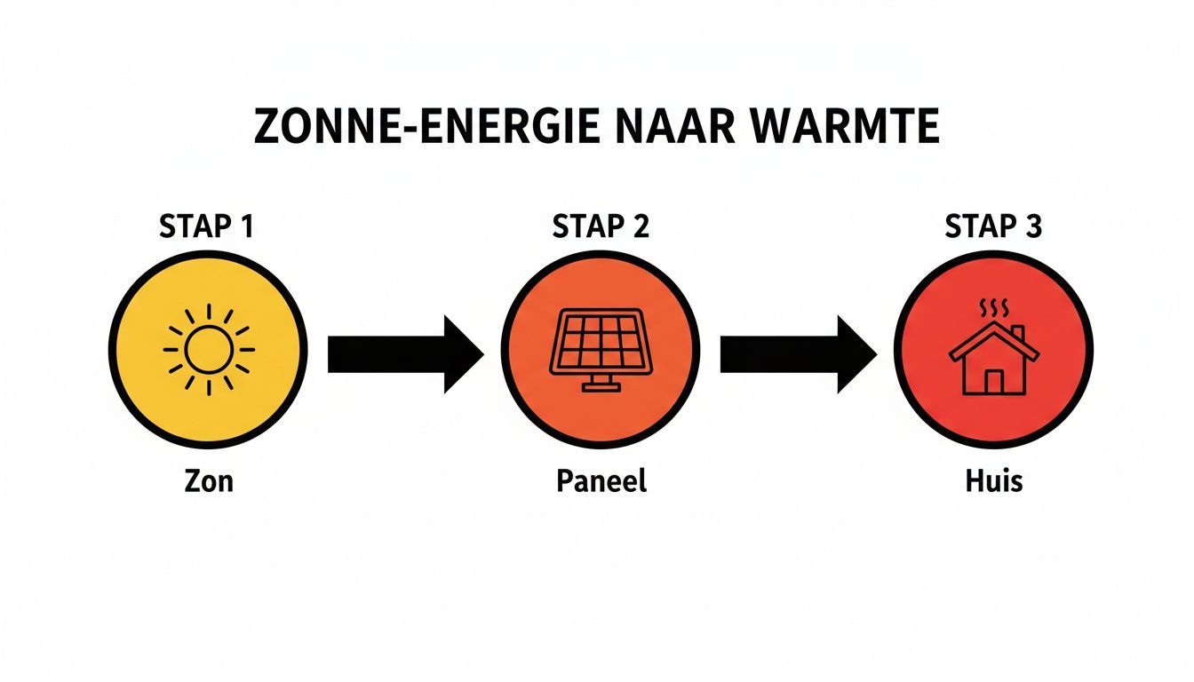 Infographic die de stappen van zonne-energie naar warmte toont, van zon via paneel naar huis.