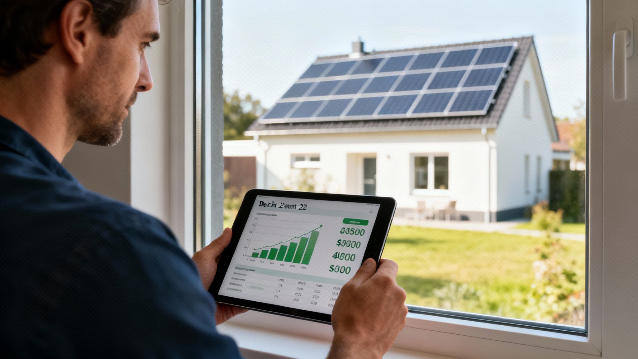 Man bekijkt zonnepaneelgegevens op tablet, met een huis met zonnepanelen op de achtergrond.