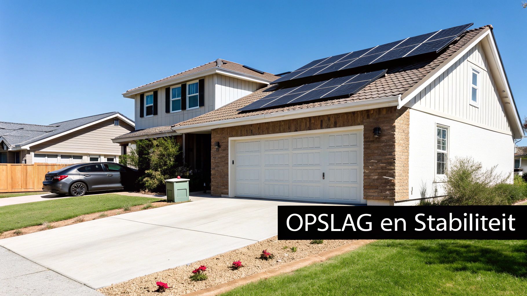 Moderne woning met zonnepanelen op het dak, een grijze auto op de oprit en een heldere blauwe lucht.