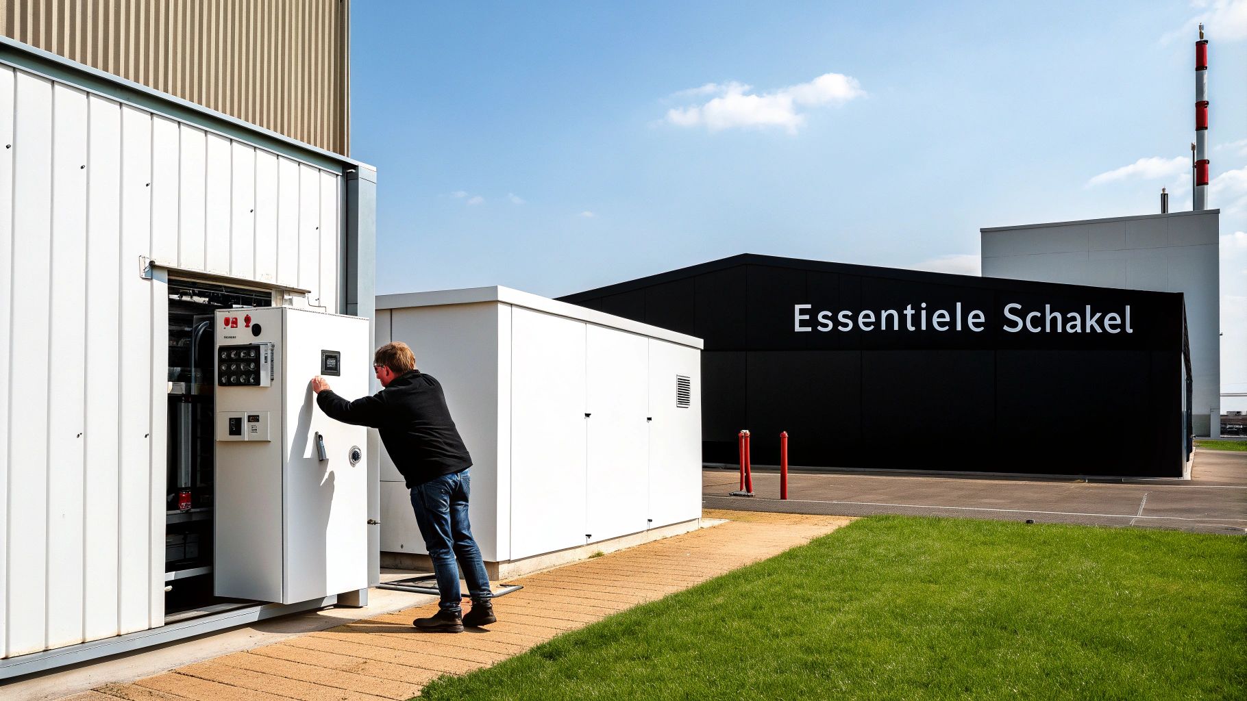 Een technicus bedient een hoogspanningscabine buiten, met 'Essentiële Schakel' op de achtergrond onder een blauwe lucht.