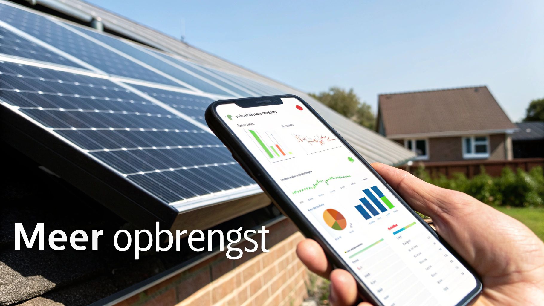 Een hand houdt een smartphone vast die de opbrengst van zonnepanelen monitort op een dak.