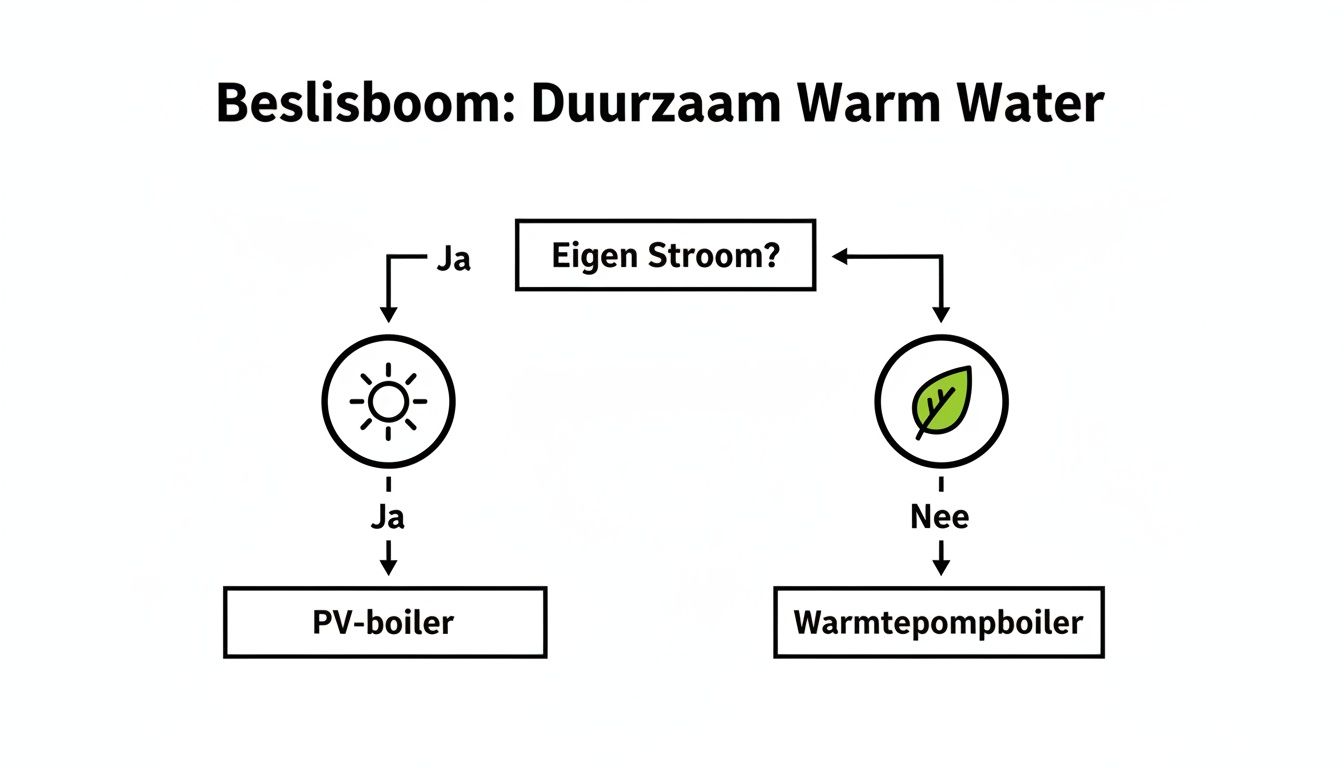 Beslisboom voor duurzaam warm water, met keuzes voor een PV-boiler of een warmtepompboiler.