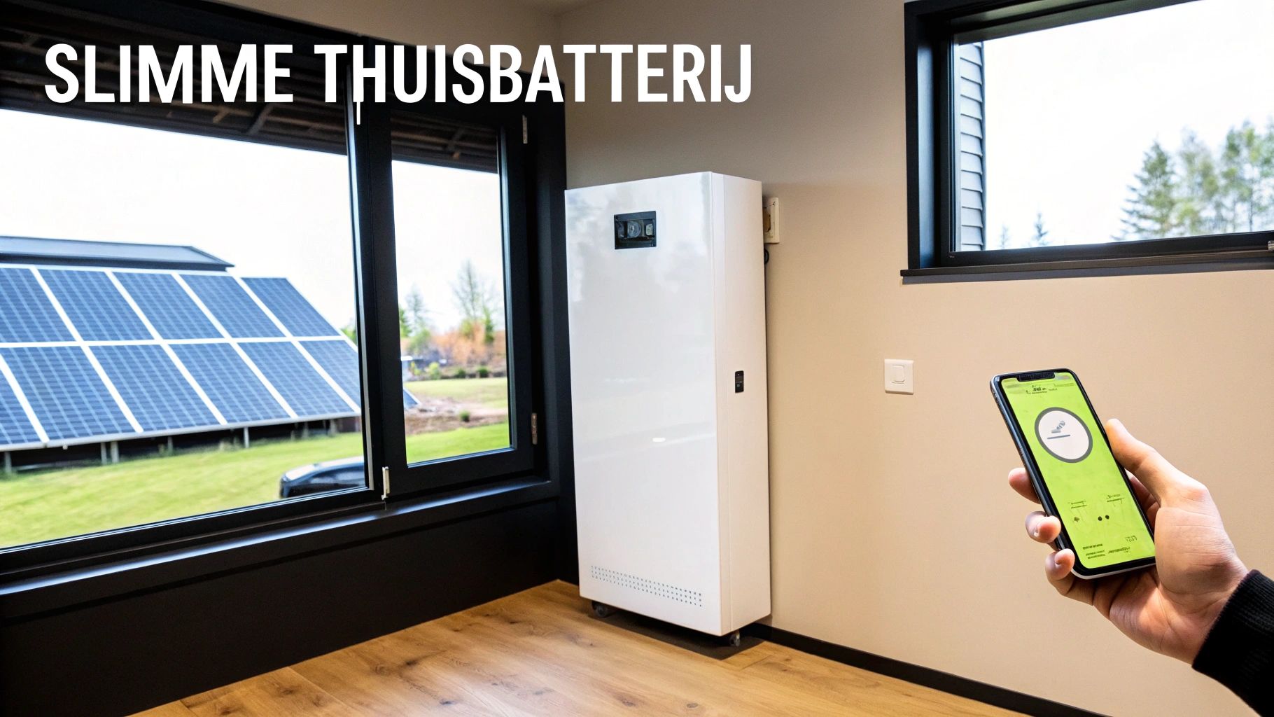 Witte slimme thuisbatterij in een moderne kamer, met zonnepanelen buiten en een hand die een app bedient.