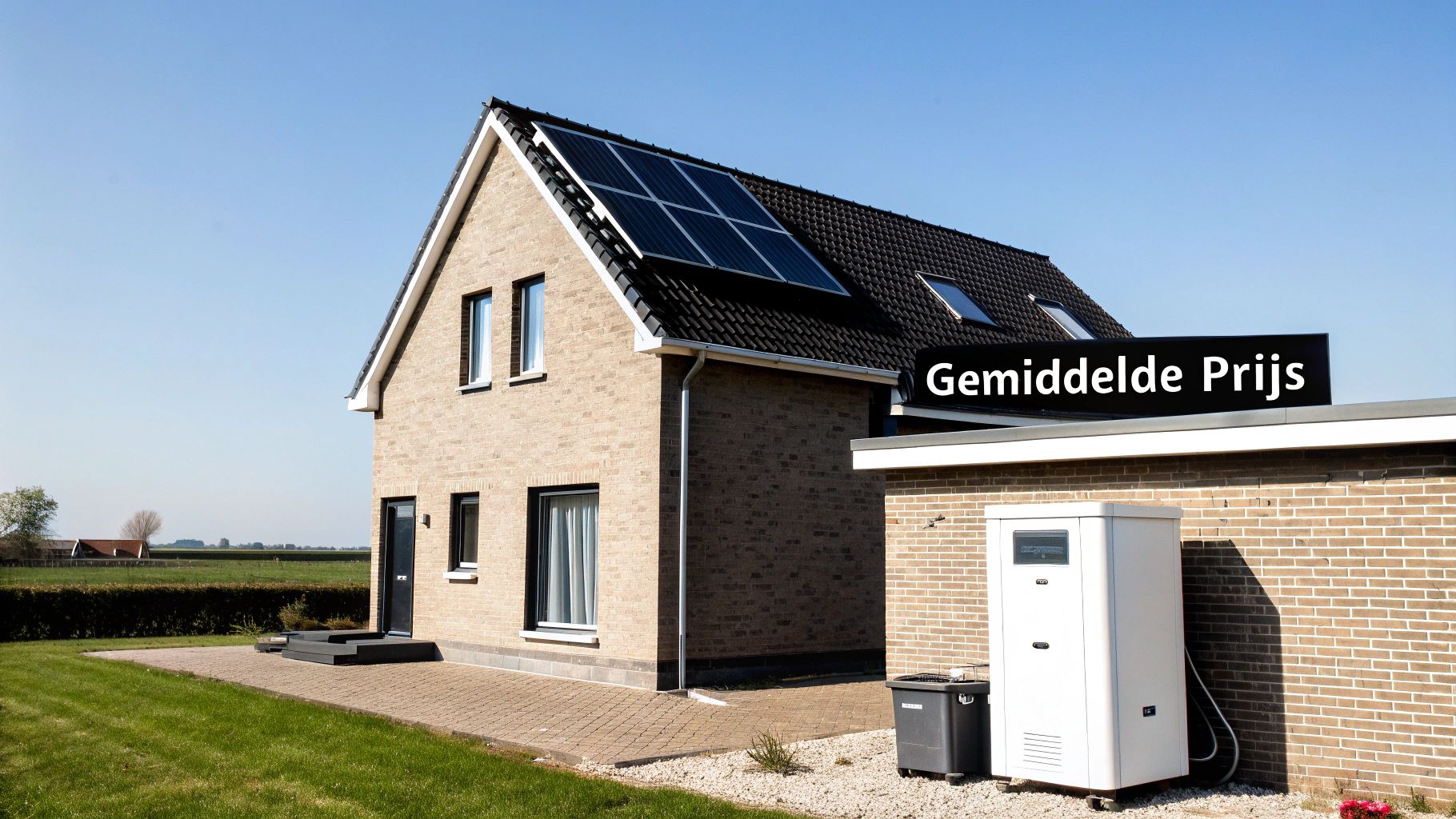 Een modern huis met zonnepanelen op het dak, een warmtepomp naast de garage en een tekst 'Gemiddelde Prijs'.