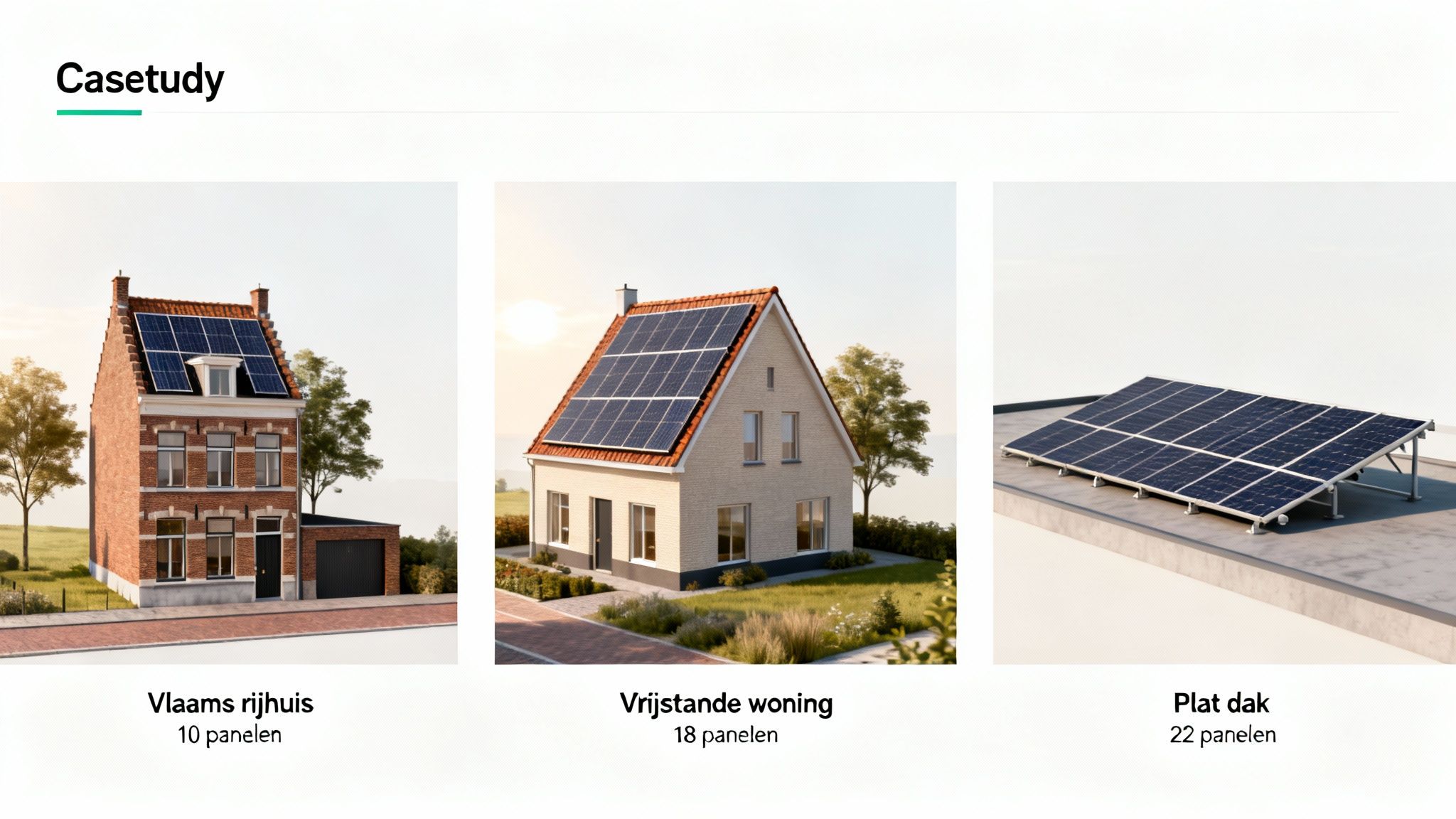 Drie voorbeelden van zonnepaneleninstallaties: op een Vlaams rijhuis, een vrijstaande woning en een plat dak.