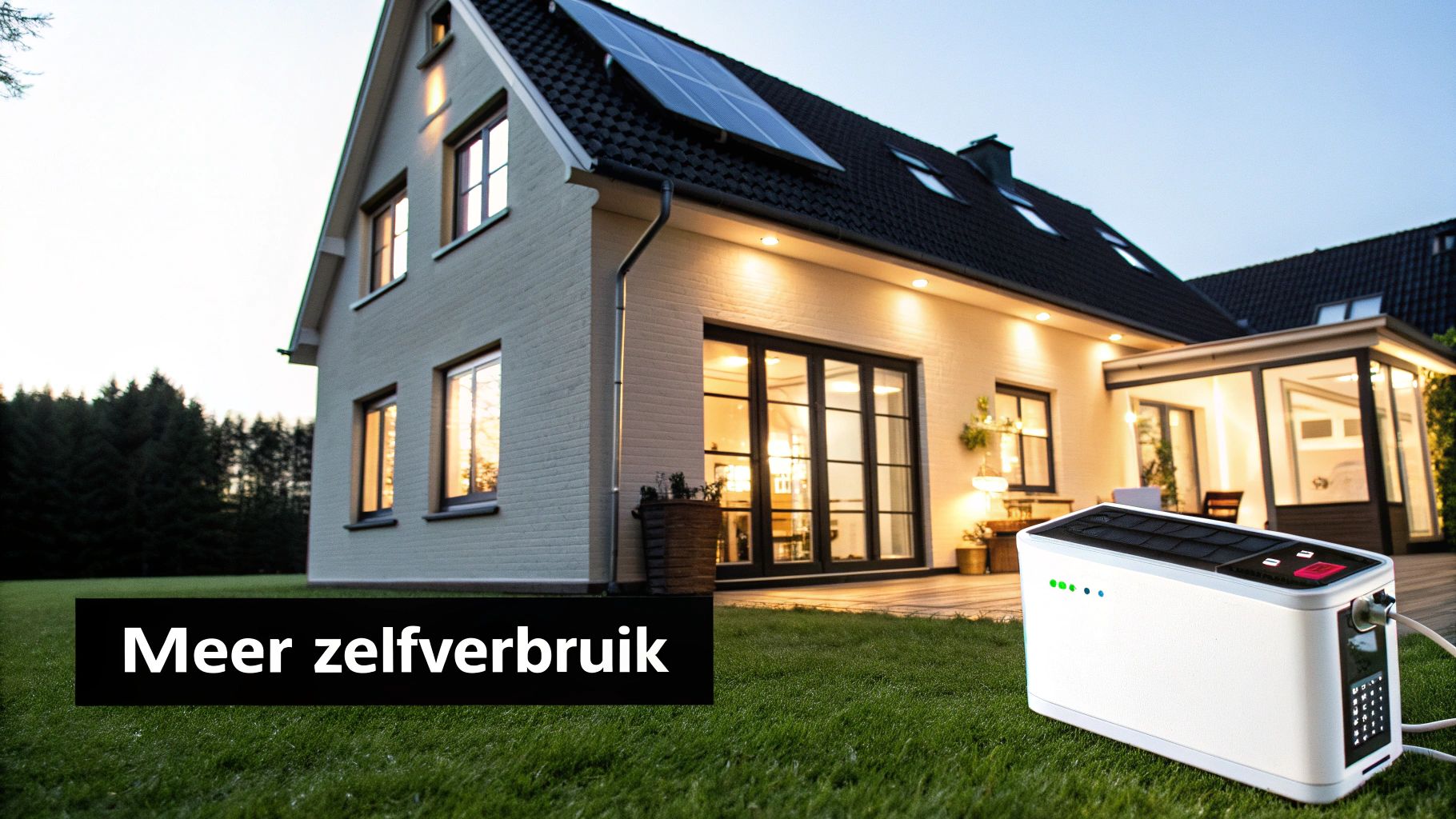 Woonhuis met zonnepanelen en een thuisbatterij op het gras, wat duidt op meer zelfverbruik van energie.
