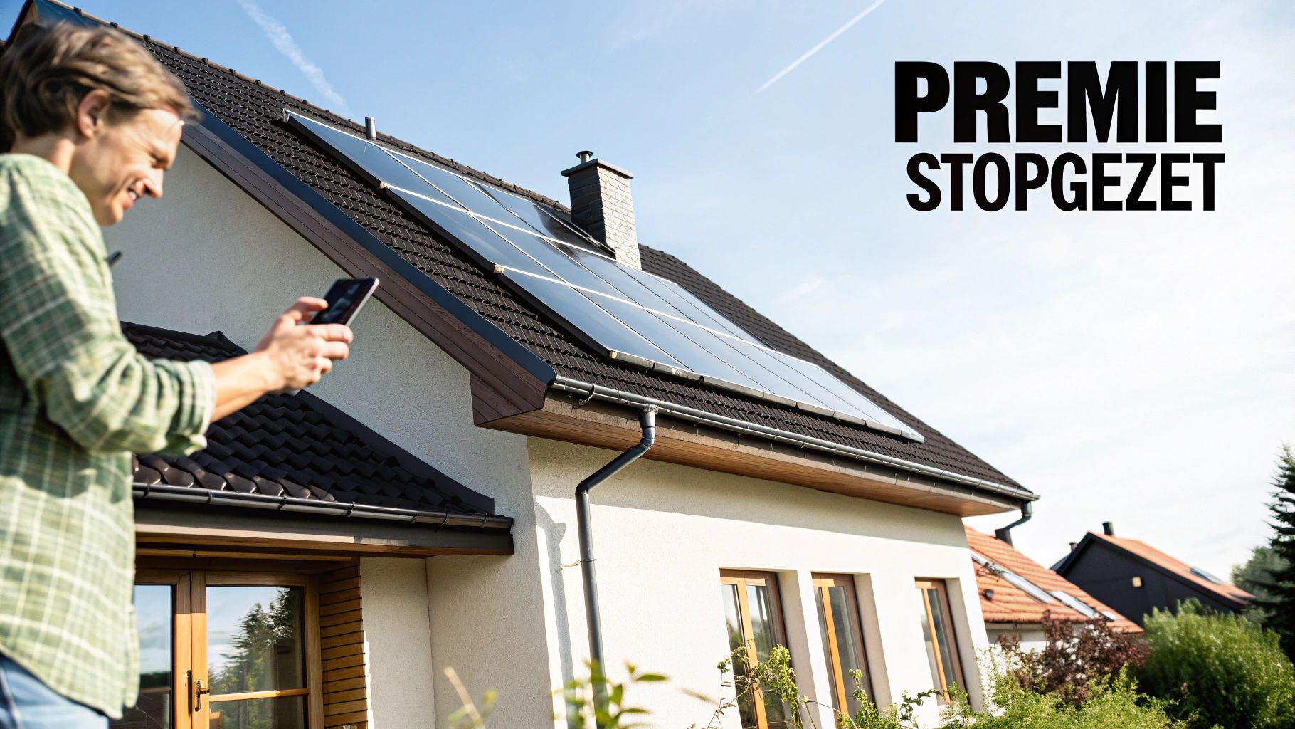 Een lachende man controleert de zonnepanelen op zijn dak met een smartphone, met de tekst 'Premie Stopgezet'.