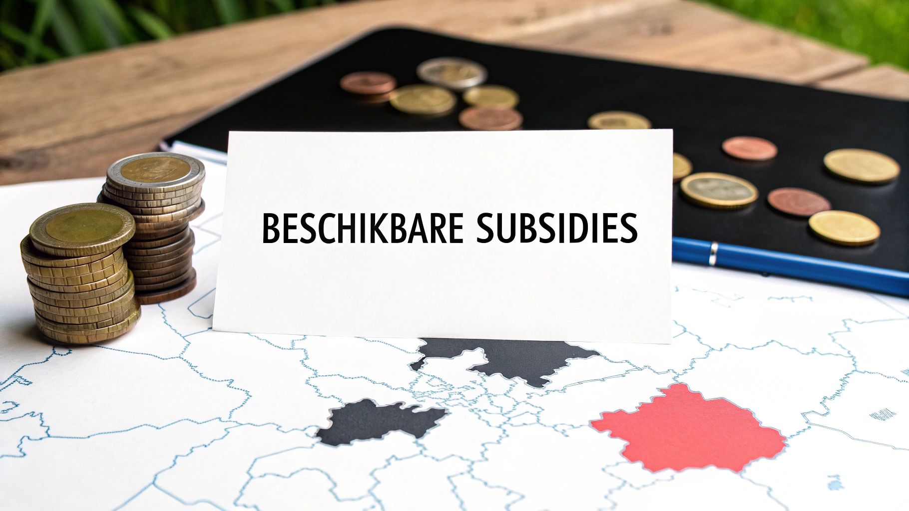 Witte kaart met 'BESCHIKBARE SUBSIDIES' op een kaart met munten, wat de beschikbaarheid van subsidies in bepaalde regio's symboliseert.