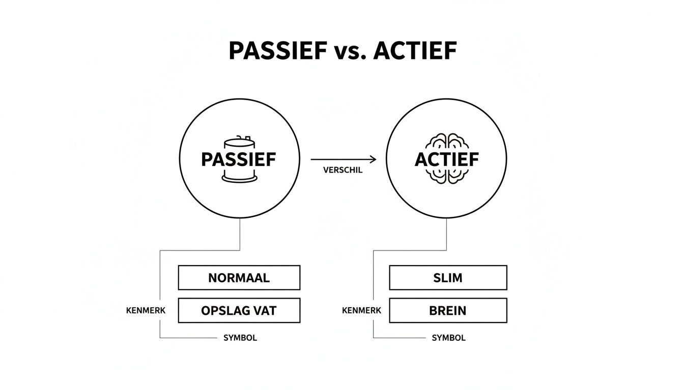 Diagram dat het verschil toont tussen passieve en actieve concepten, met symbolen zoals een opslagvat en een brein.