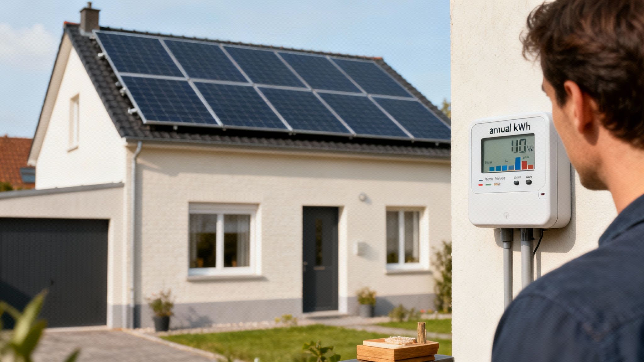 Een man kijkt naar een energiemeter aan de muur, met een huis met zonnepanelen op de achtergrond.