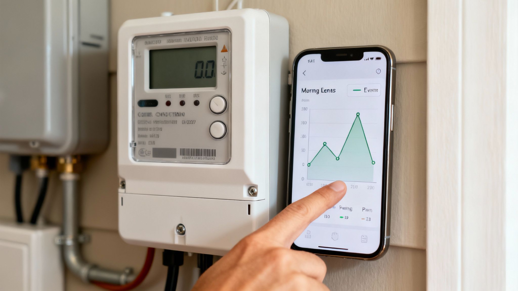 Hand gebruikt smartphone-app naast slimme energiemeter om energieverbruik te monitoren, met een grafiek op het scherm.