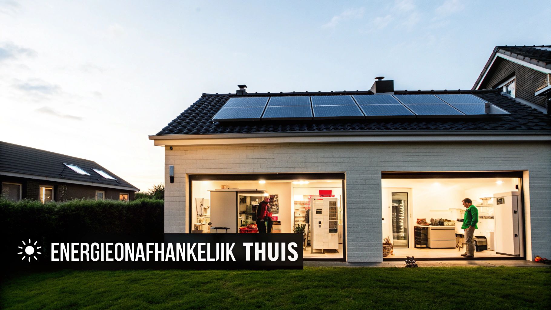 Een huis met zonnepanelen op het dak en verlichte ruimtes binnenin, met de tekst 'Energieonafhankelijk Thuis'.