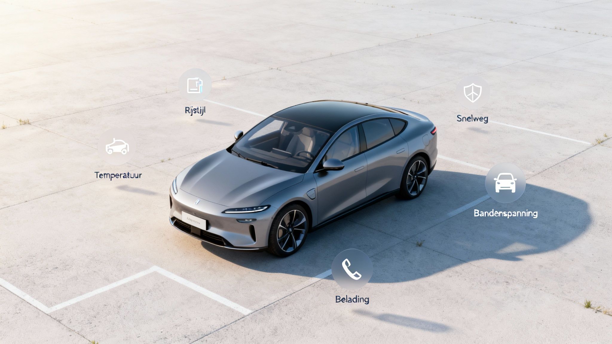 Een zilverkleurige elektrische auto in een parkeerplaats met pictogrammen die diverse voertuiggegevens zoals rijstijl, temperatuur en bandenspanning tonen.
