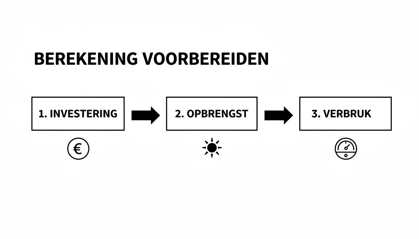 Stroomdiagram voor de berekening: investering met euro, opbrengst met zon en verbruik met meter.