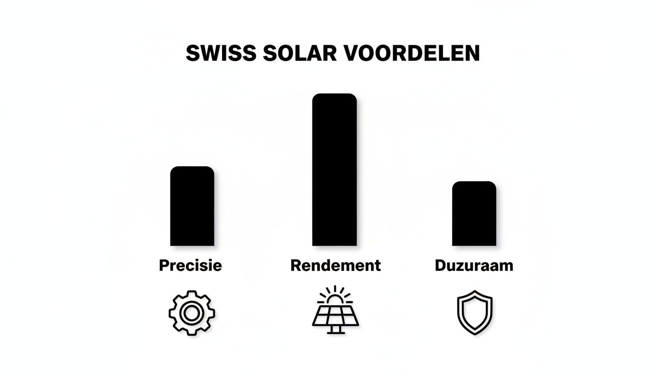 Een afbeelding die de drie voordelen van Swiss Solar toont: precisie, rendement en duurzaamheid, elk met een bijbehorend icoon en staafdiagram.