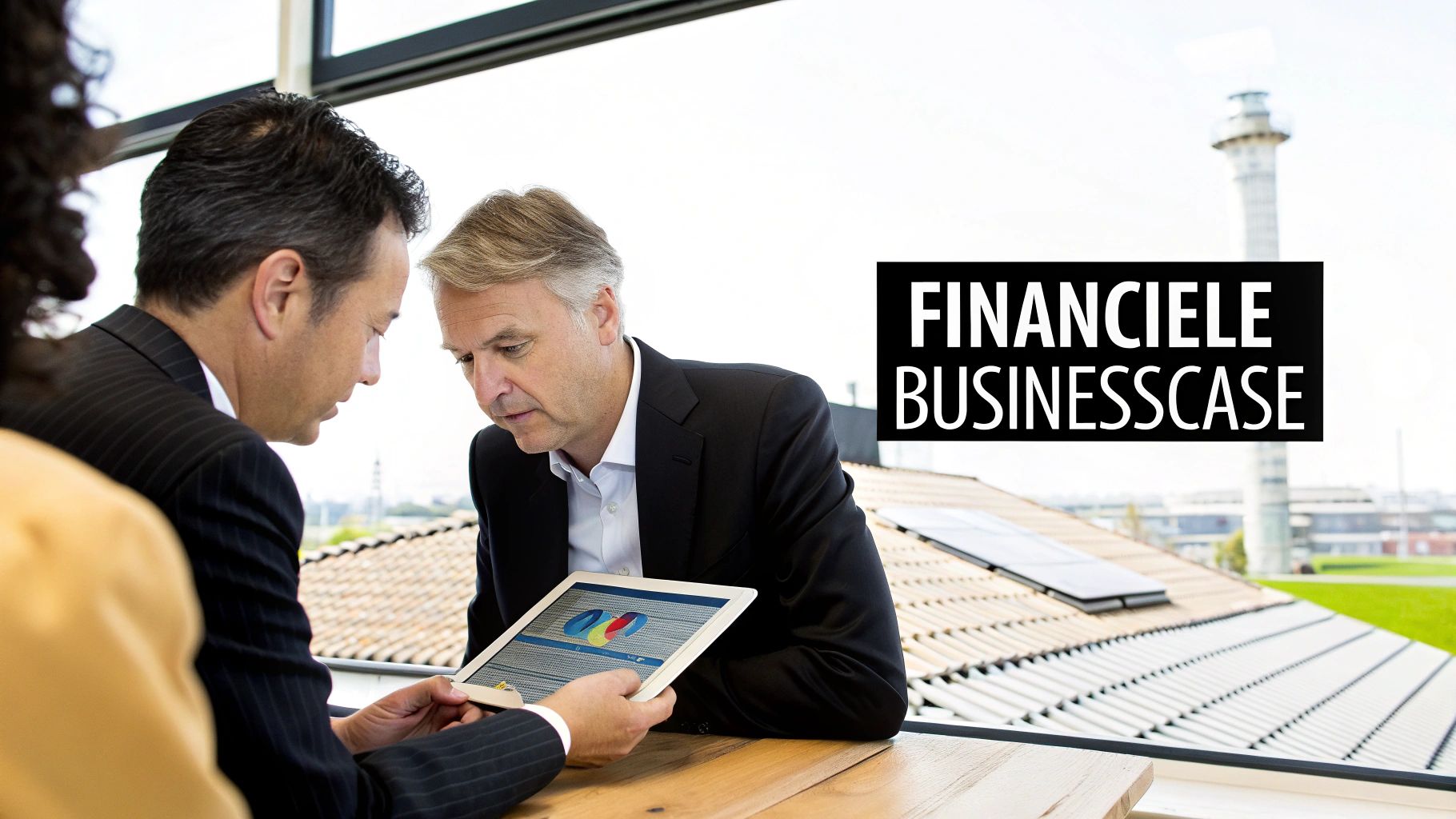 Twee mannen bekijken een tablet met bedrijfsgegevens, met zonnepanelen op een dak op de achtergrond. 'FINANCIËLE BUSINESSCASE' tekst is zichtbaar.