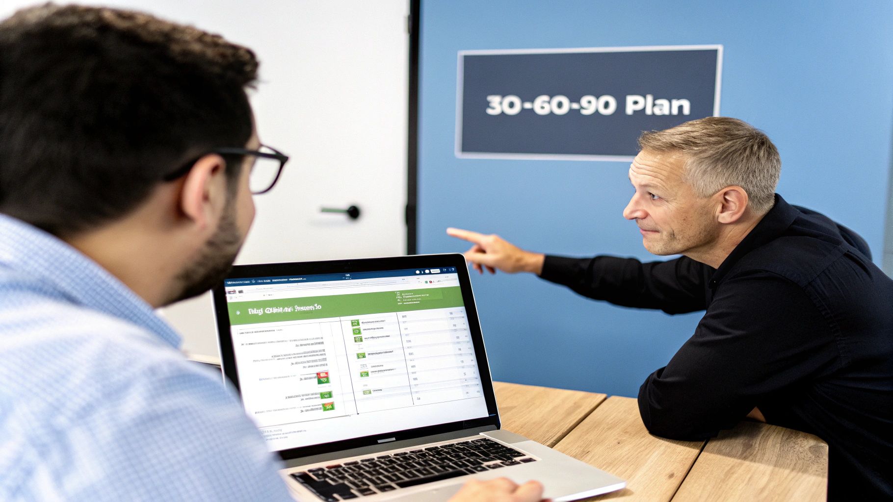 Two colleagues discussing a 30-60-90 plan, one points to a laptop during a meeting.