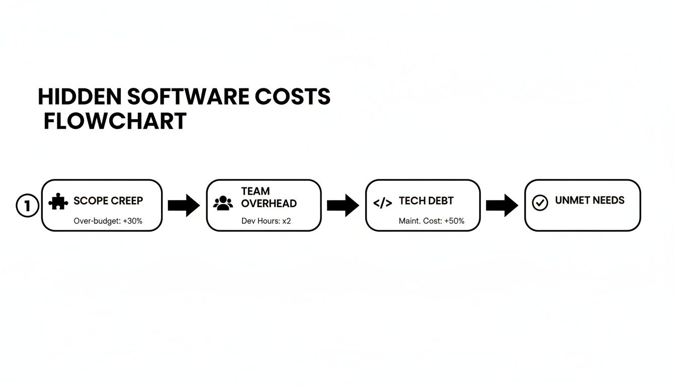 Flowchart illustrating the hidden costs in software development, including scope creep, team overhead, tech debt, and unmet needs.