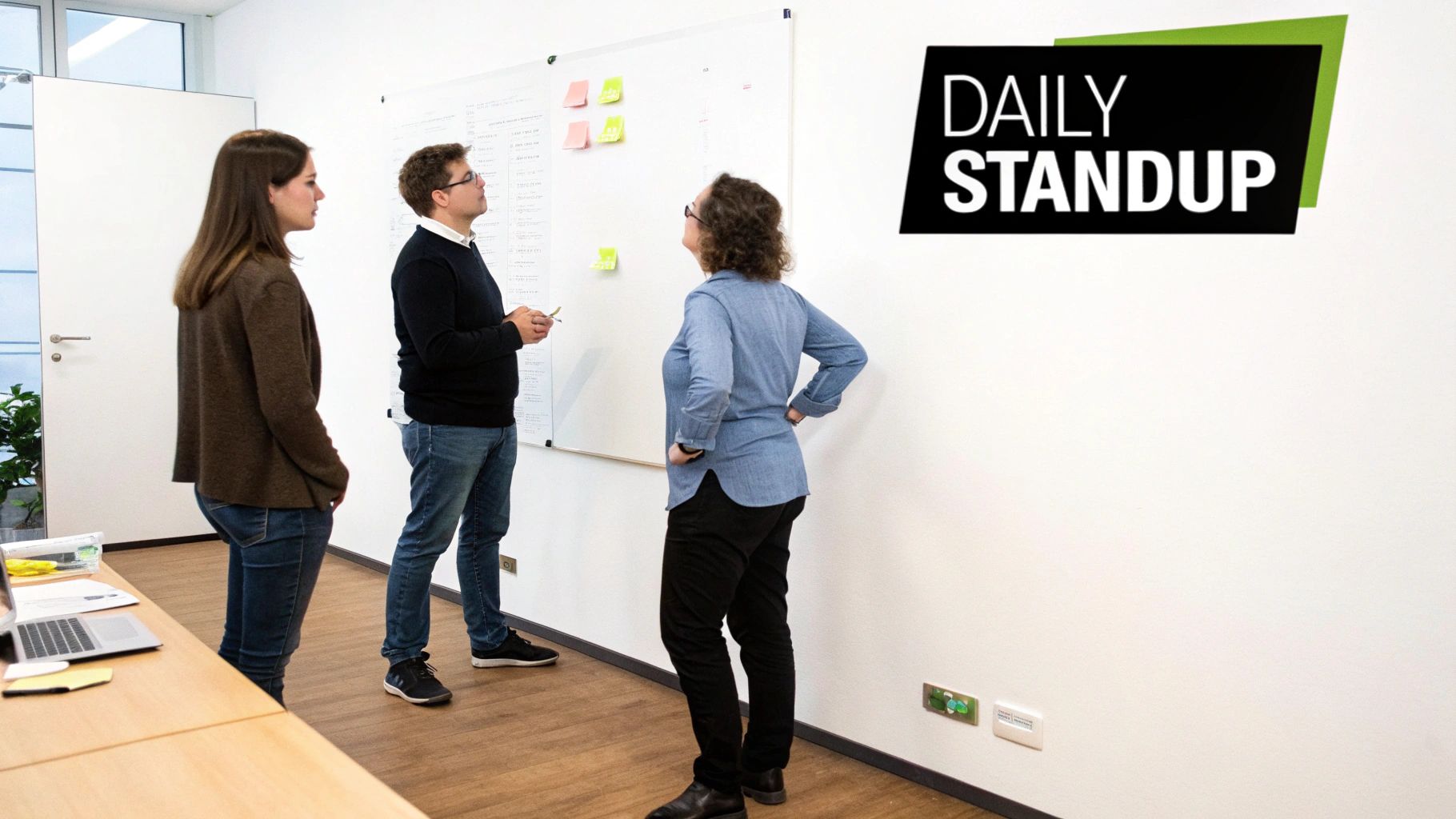 Three colleagues collaborate, standing by a whiteboard with sticky notes during an office daily standup.