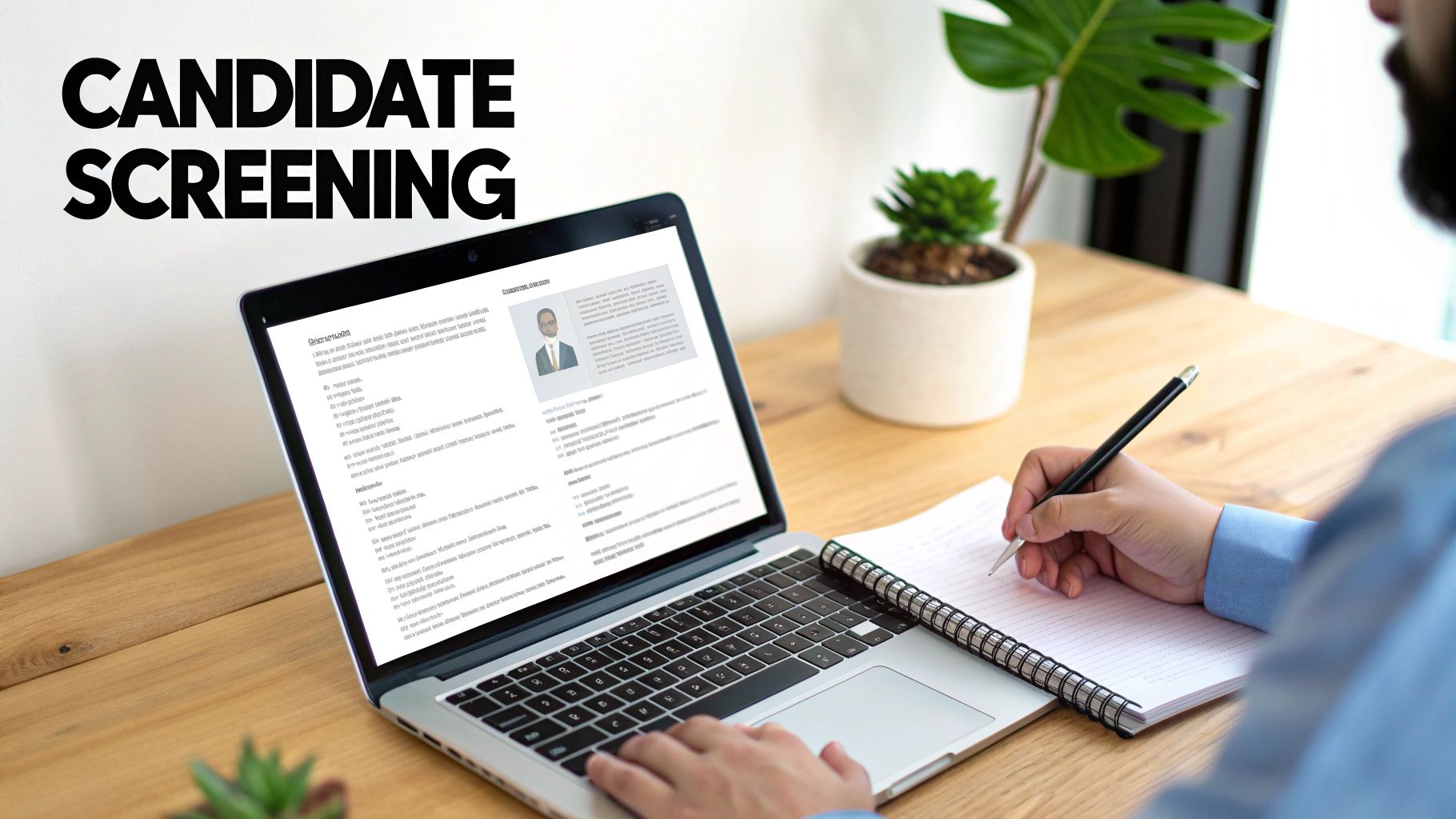 A recruiter reviews a candidate's resume on a laptop while taking notes on a notepad.