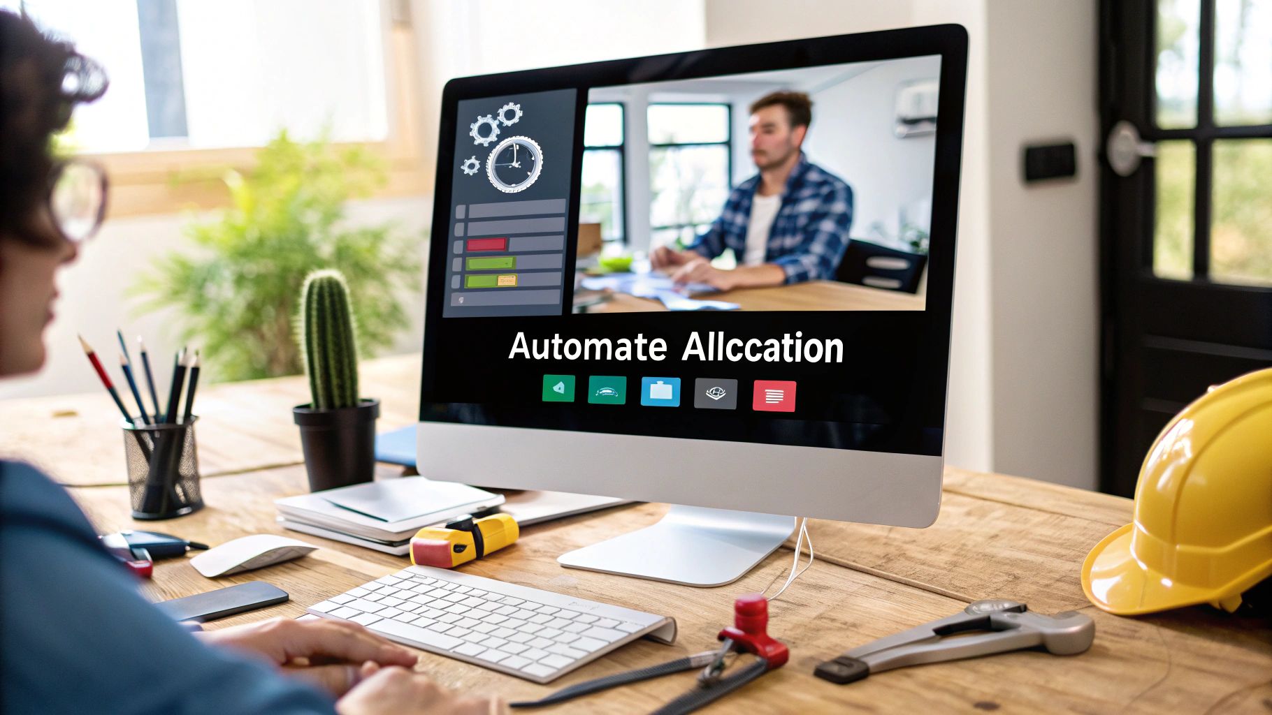 A person working at a desk, viewing a computer screen displaying 'Automate Allocation' software and a video call.