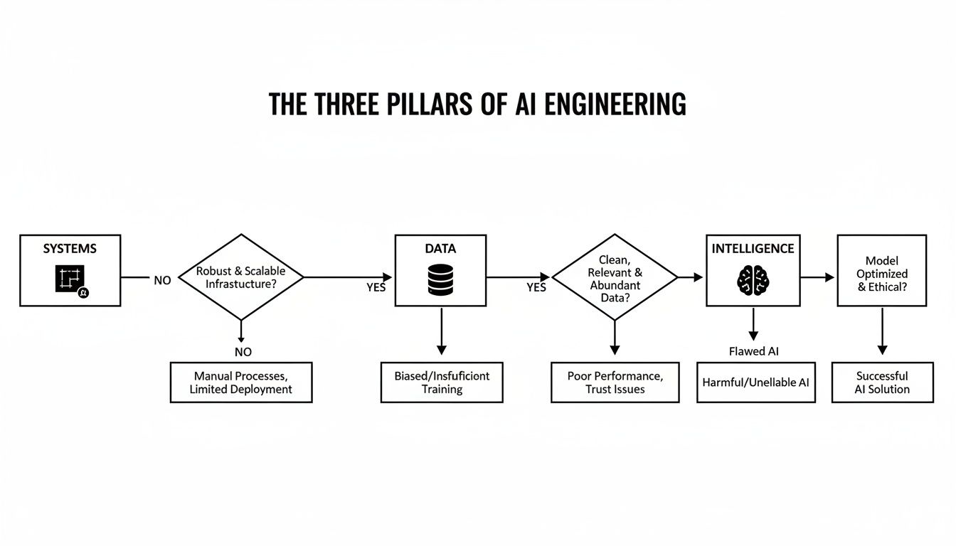 Flowchart detailing the three pillars of AI engineering: Systems, Data, and Intelligence for successful solutions.