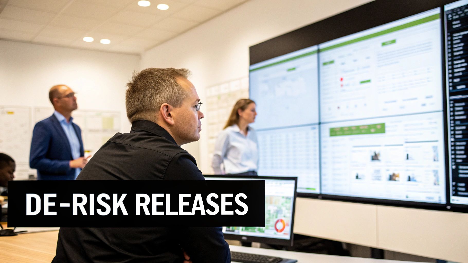 Professionals analyze data on multi-screen displays in an operations center, focusing on releases.