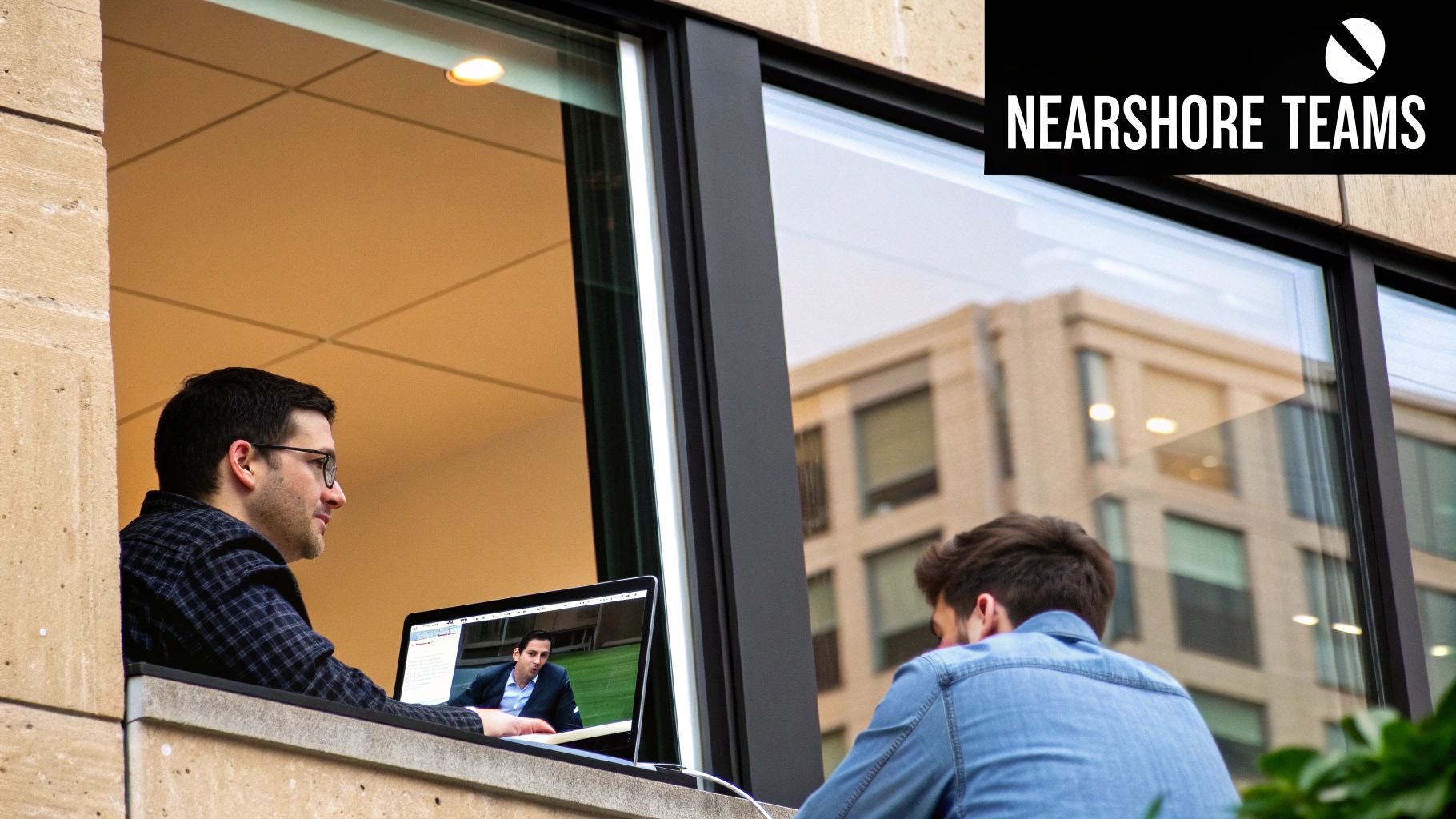 Two men collaborating, one on a laptop video call, illustrating nearshore team communication.