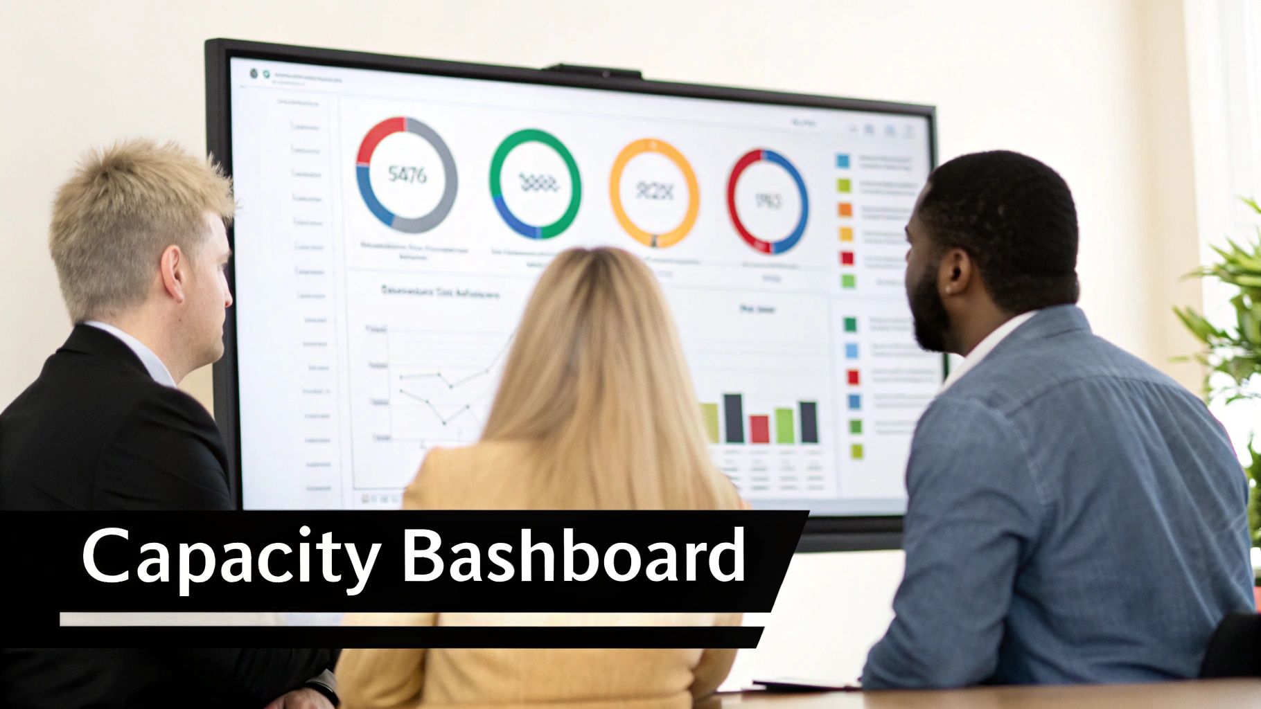 Three colleagues are attentively viewing a large screen displaying a detailed capacity data dashboard.