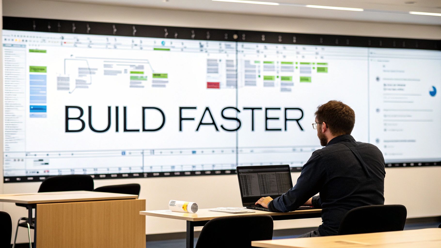 A team of tech professionals collaborating around a computer screen