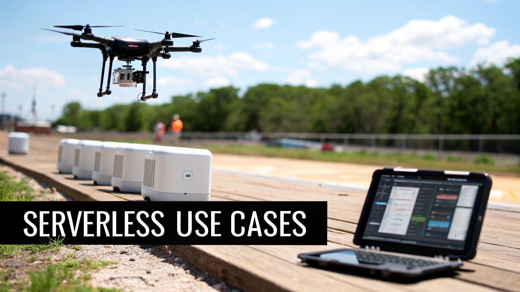 A drone with edge computing devices and a laptop demonstrating serverless use cases outdoors.
