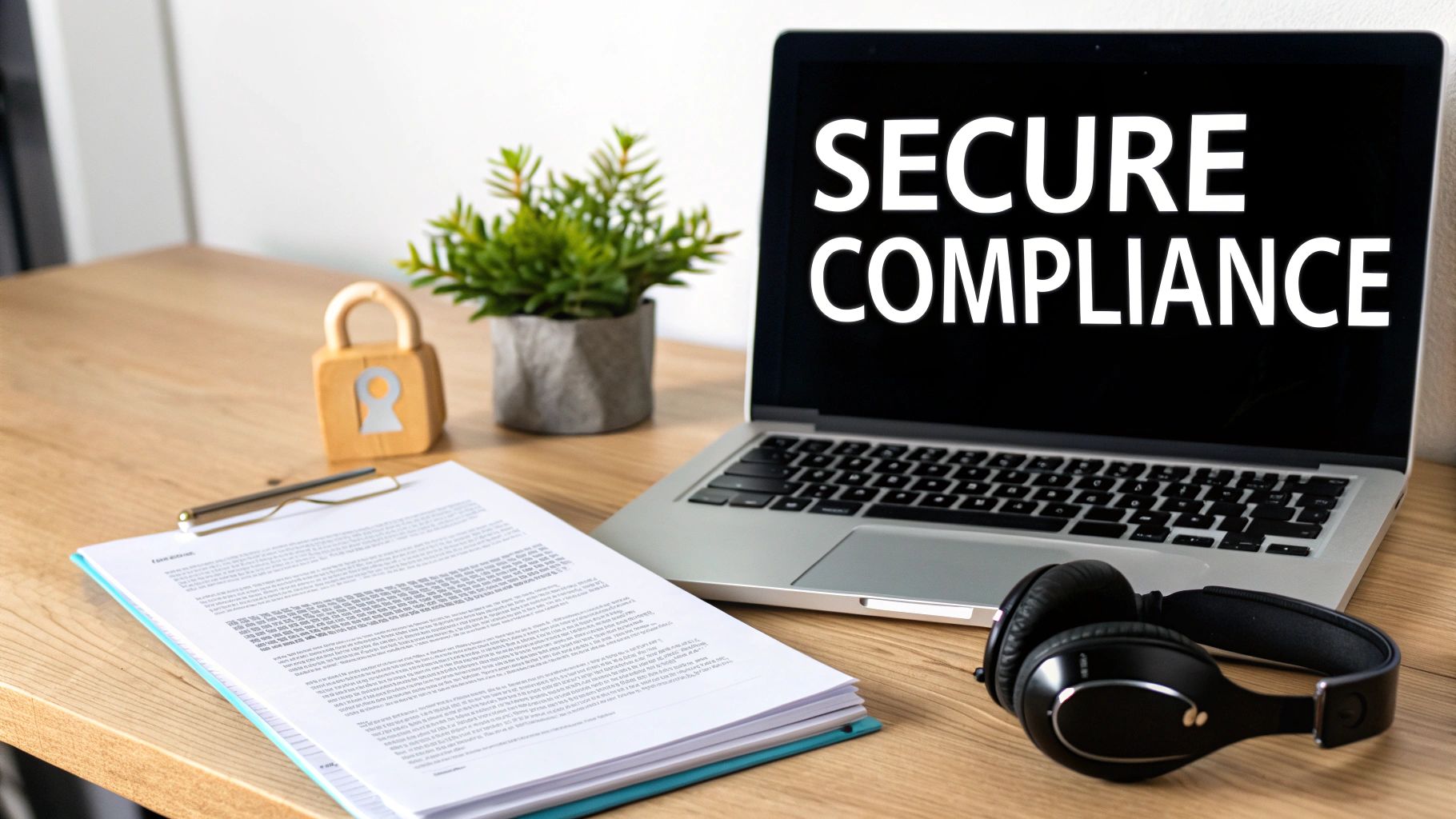 A desk with a laptop displaying 'SECURE COMPLIANCE', a padlock, documents, and headphones.