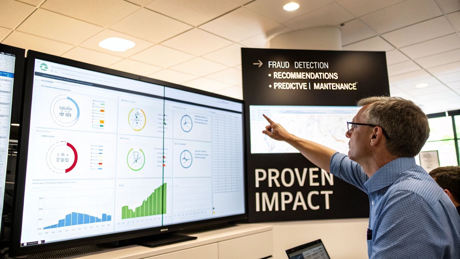 A man in glasses points at large display screens showing AI engineering dashboards with charts and data.