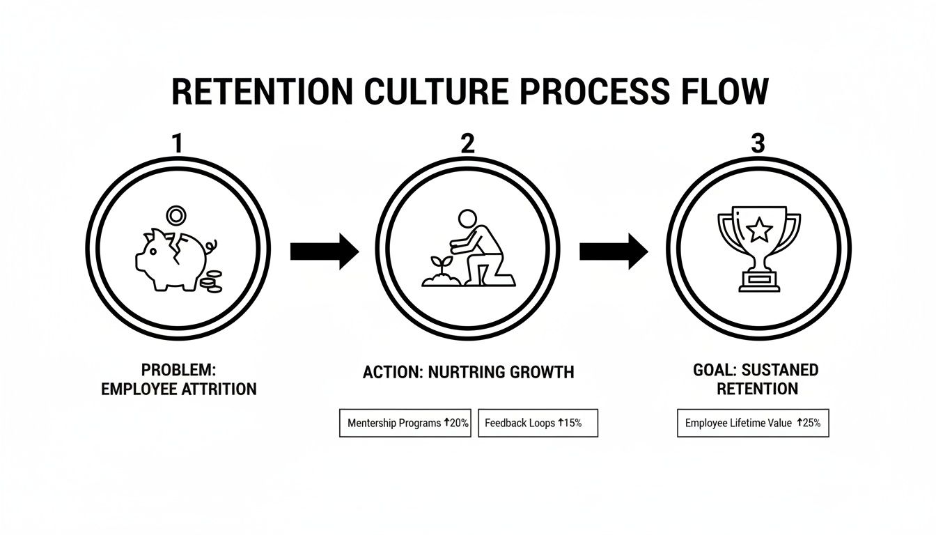 Flowchart illustrating a three-step retention culture process: problem, action, and goal.