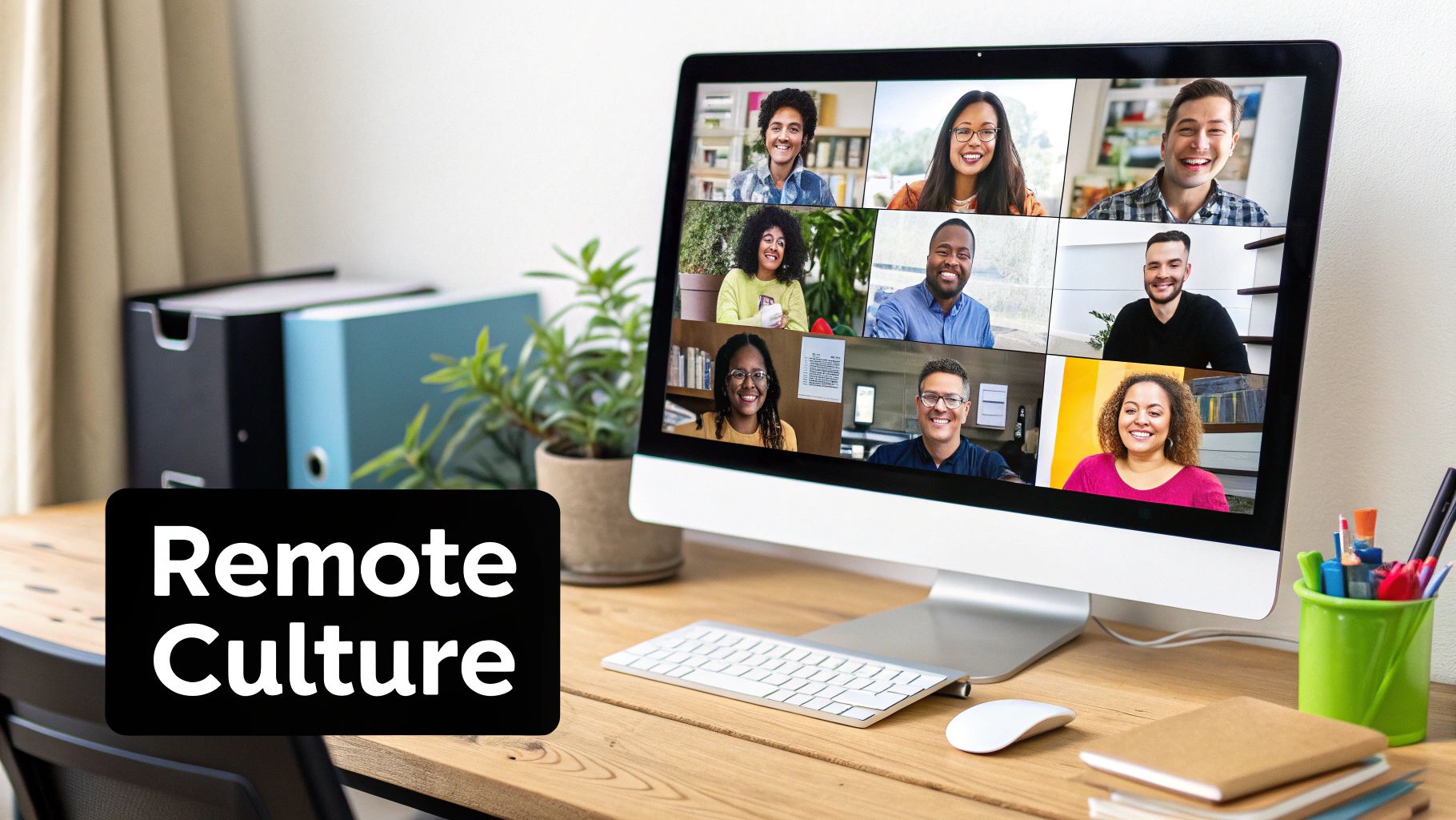 A diverse team engaged in a video call on a desktop monitor, emphasizing 'Remote Culture'.