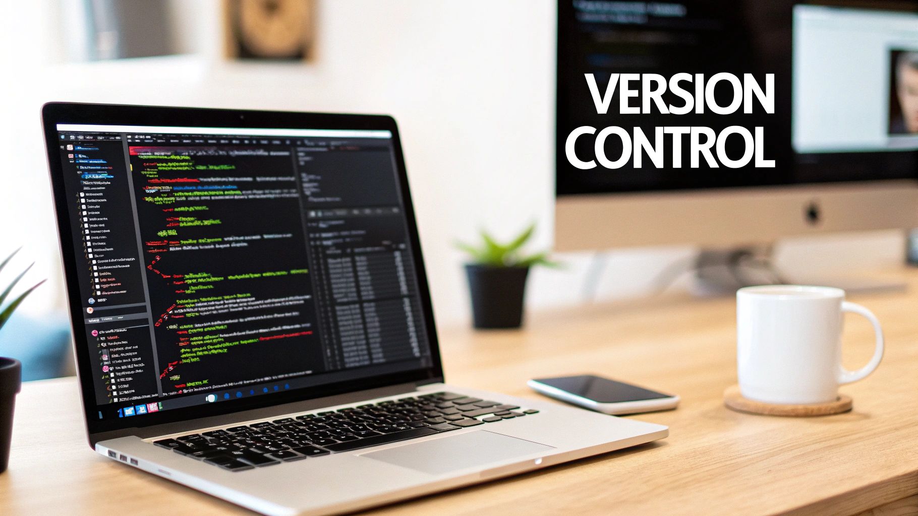 A laptop displaying code and a monitor showing 'VERSION CONTROL' on a wooden desk.