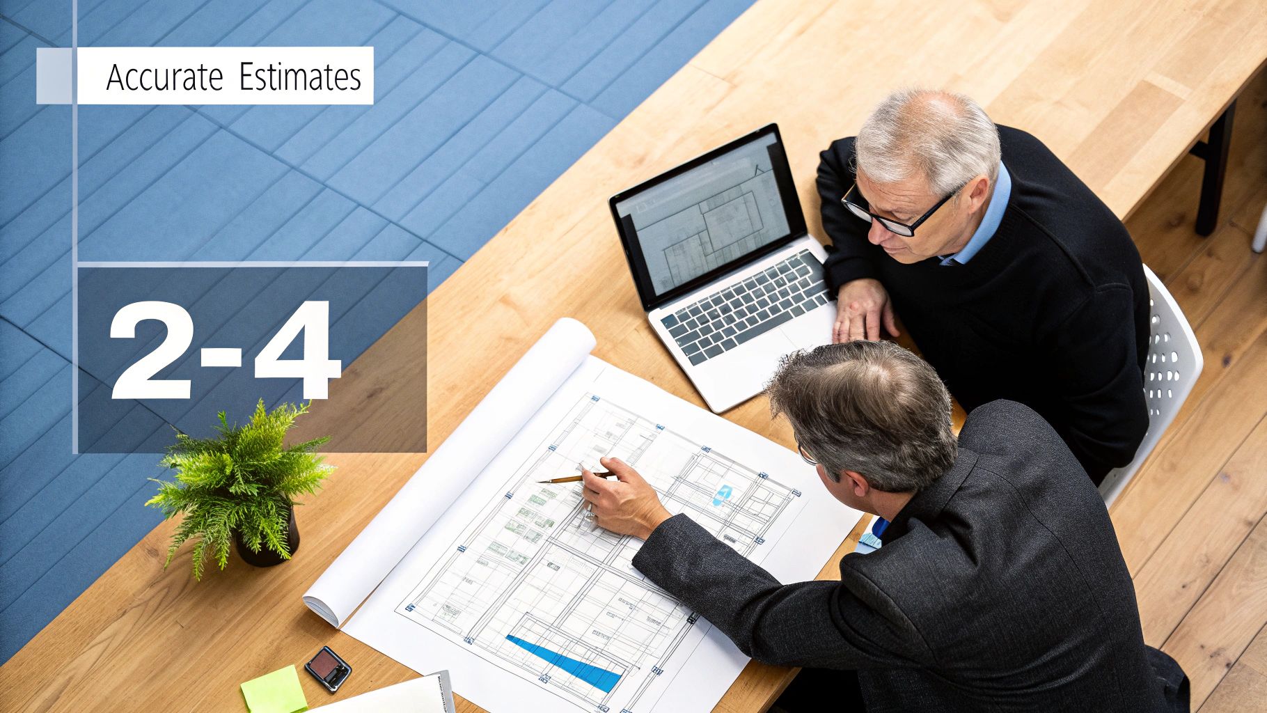 Two men review building blueprints and a laptop, discussing accurate estimates.