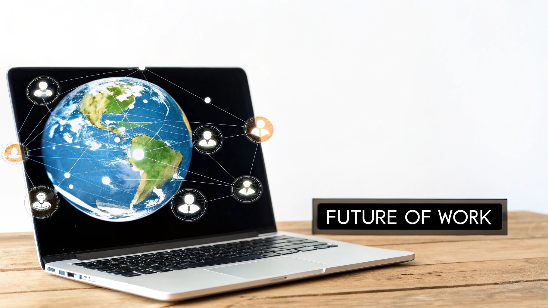 A futuristic digital interface showing a global map with interconnected employee profiles, symbolizing AI-driven workforce management.