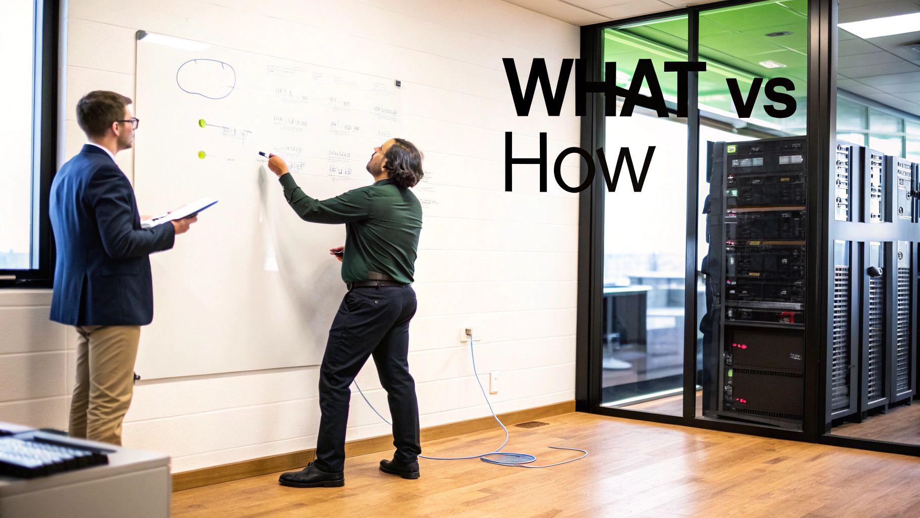 Two men discussing on a whiteboard in an office, with 'WHAT vs How' text and server racks.