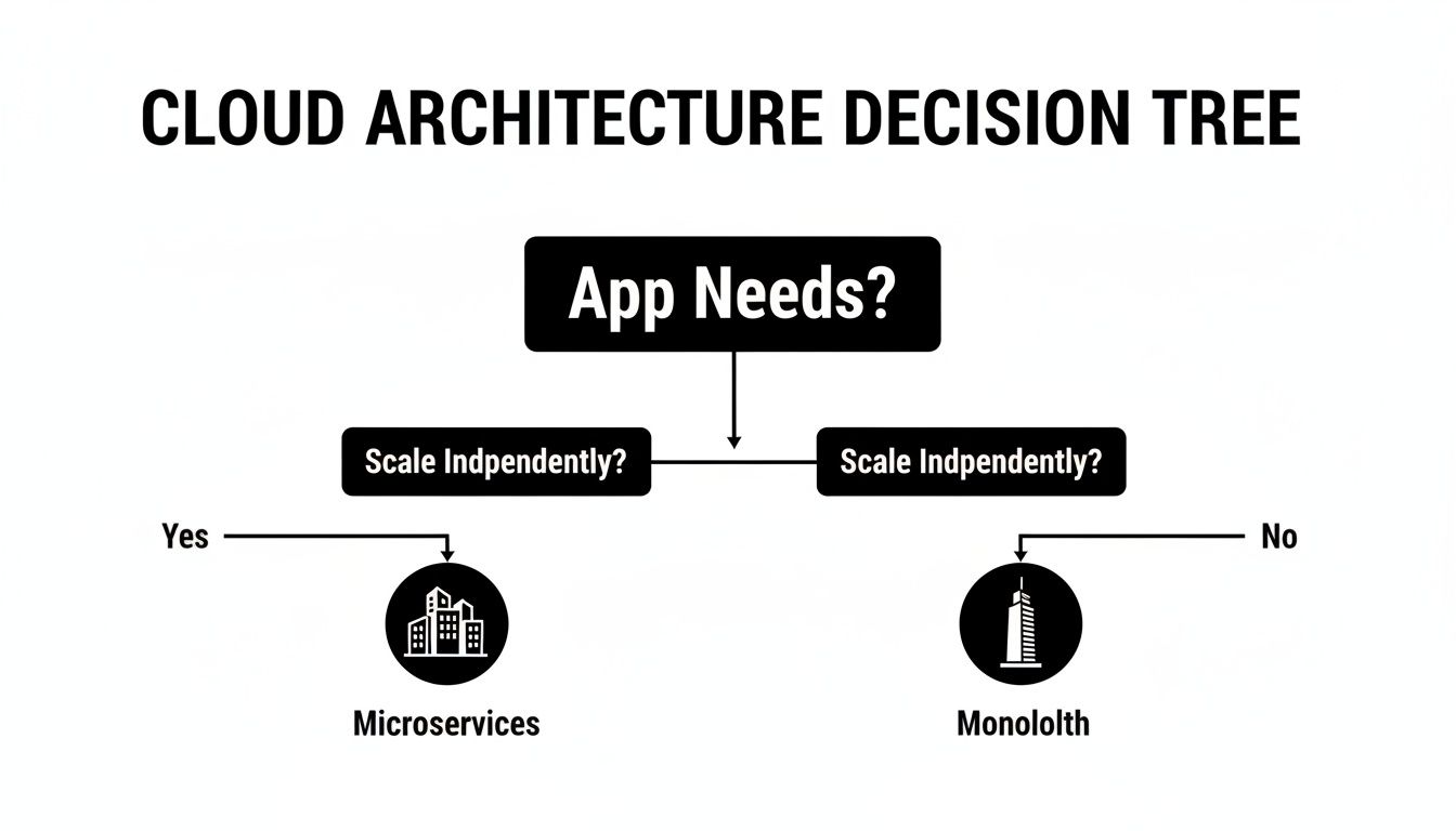 Cloud architecture decision tree illustrating the choice between microservices and monolith based on independent scaling needs.