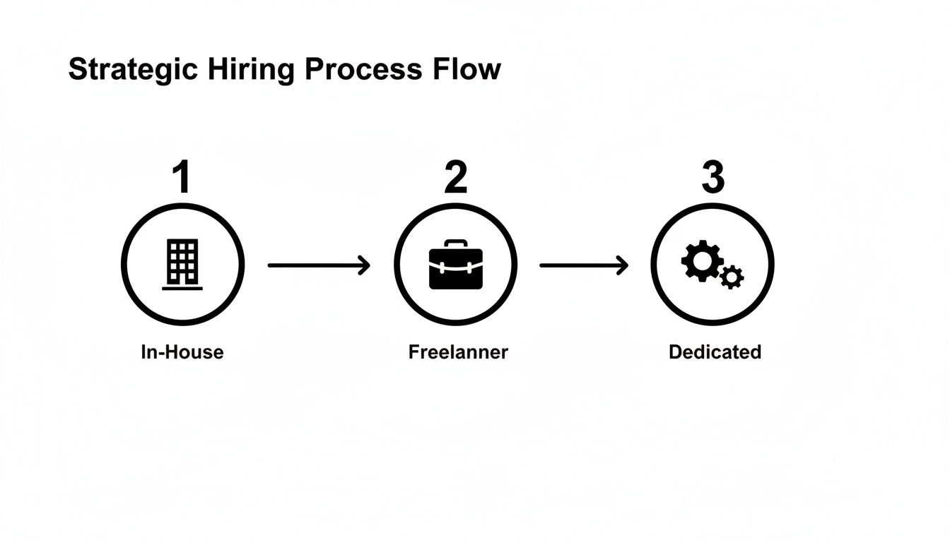 Strategic hiring process flow diagram illustrating three options: In-House, Freelancer, and Dedicated.