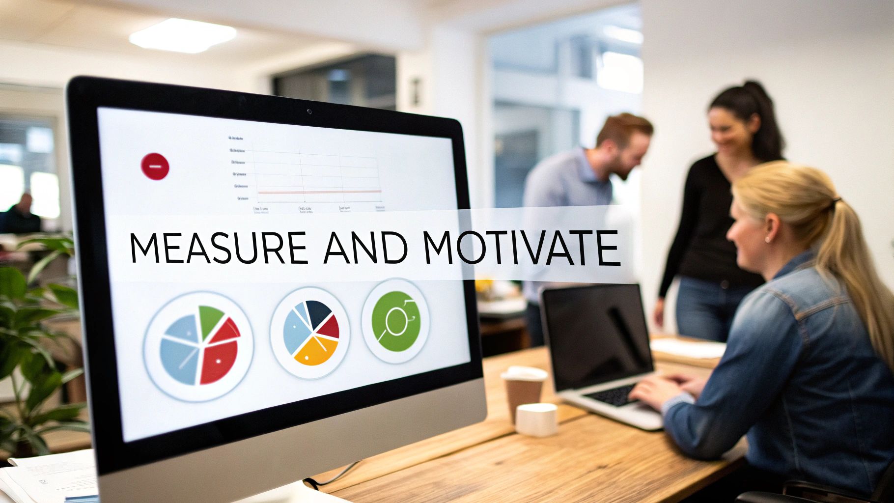 A diverse team in an office, with a computer screen displaying 'Measure and Motivate' data.