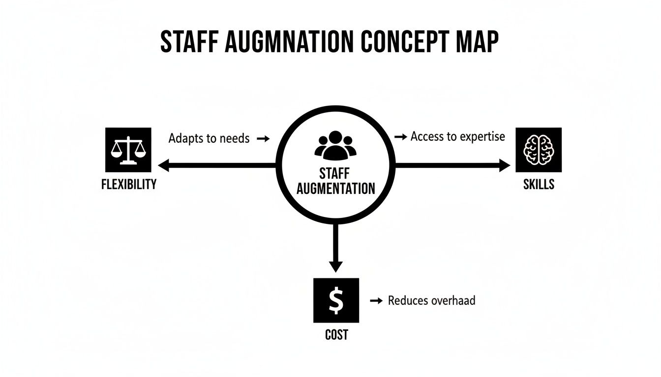 Concept map illustrating staff augmentation, connecting it to flexibility, skills, and reduced cost.