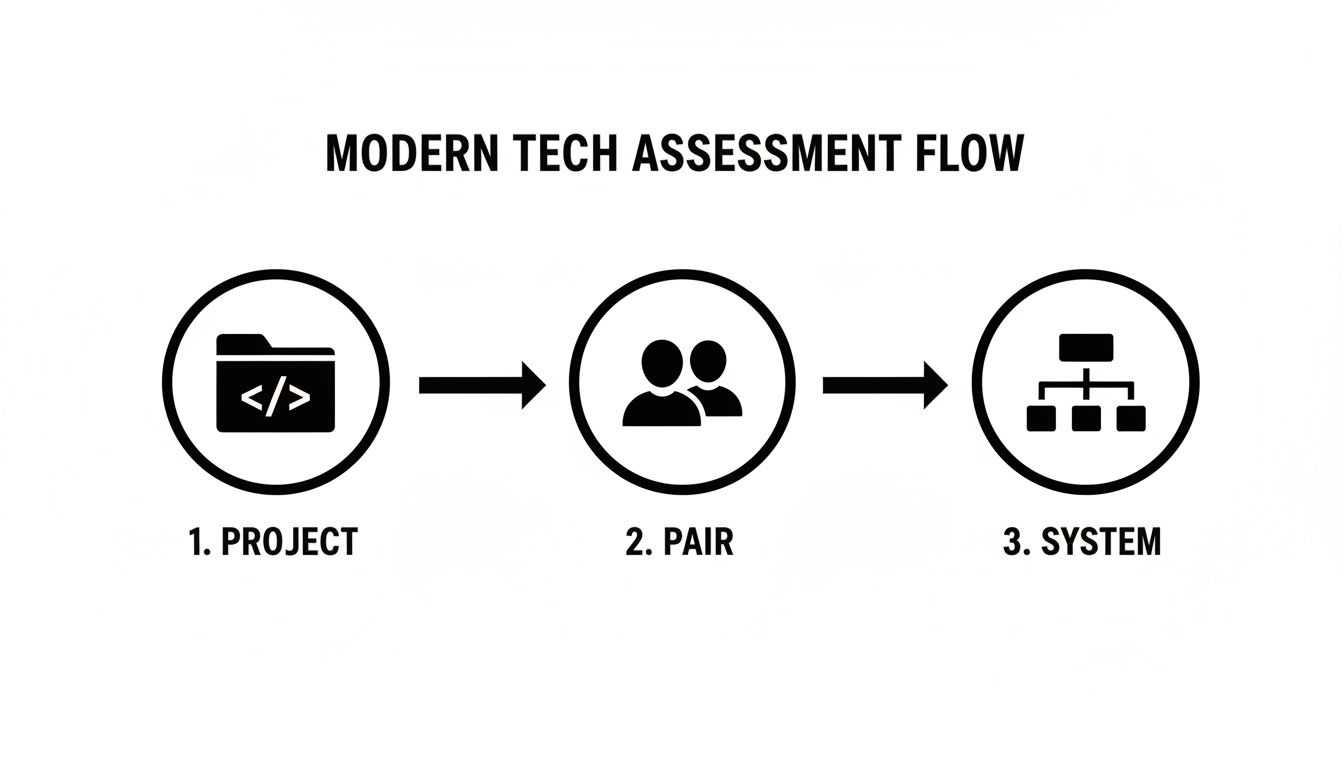 A diagram illustrating the modern tech assessment flow with three steps: Project, Pair, and System.