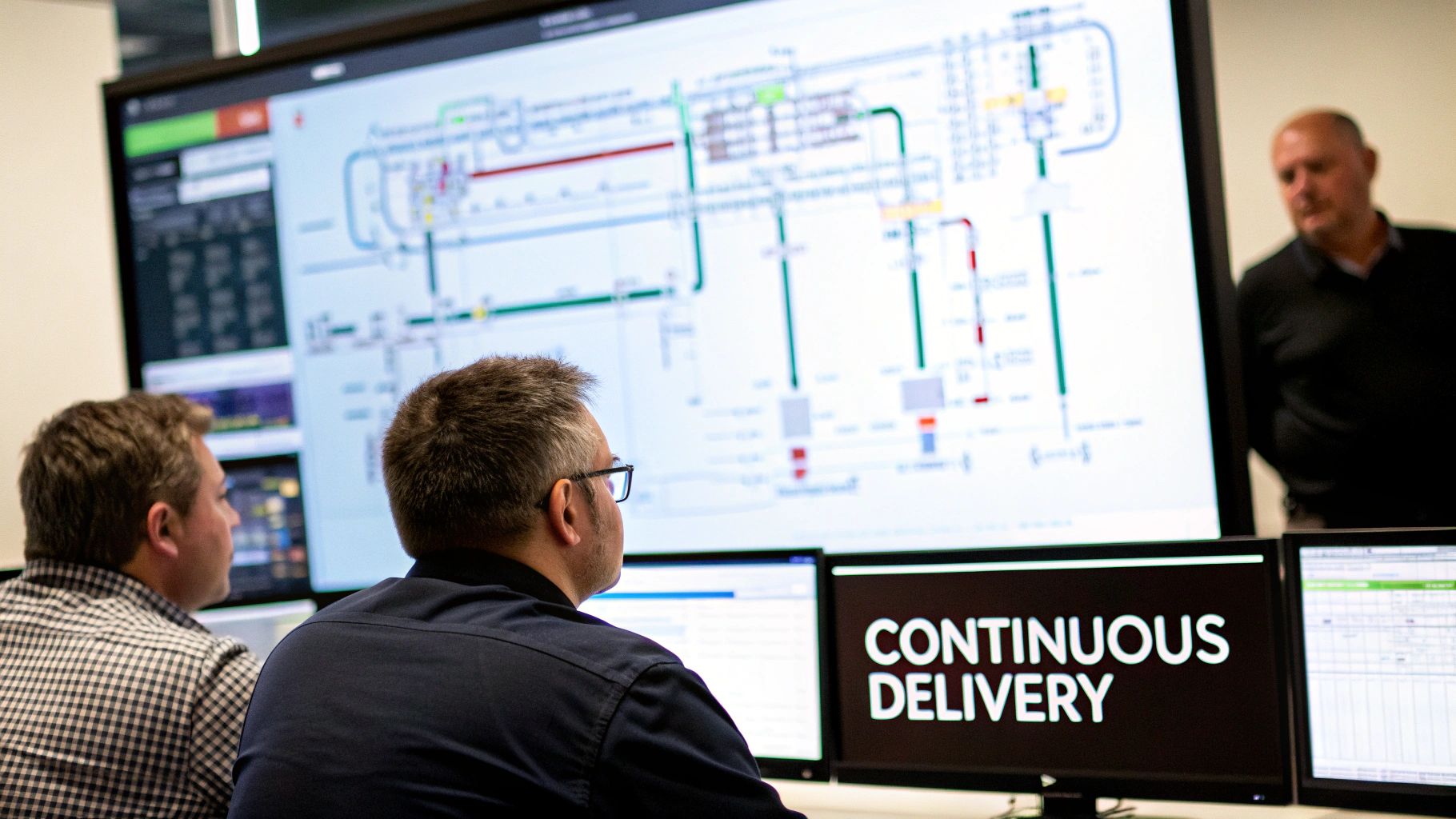 Three men monitor large screens displaying a complex system diagram and "Continuous Delivery."