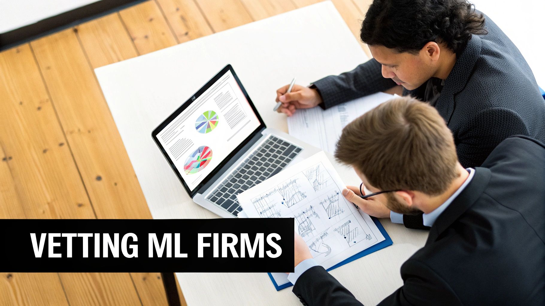 Two business professionals reviewing data on a laptop and documents, discussing strategy in a meeting.