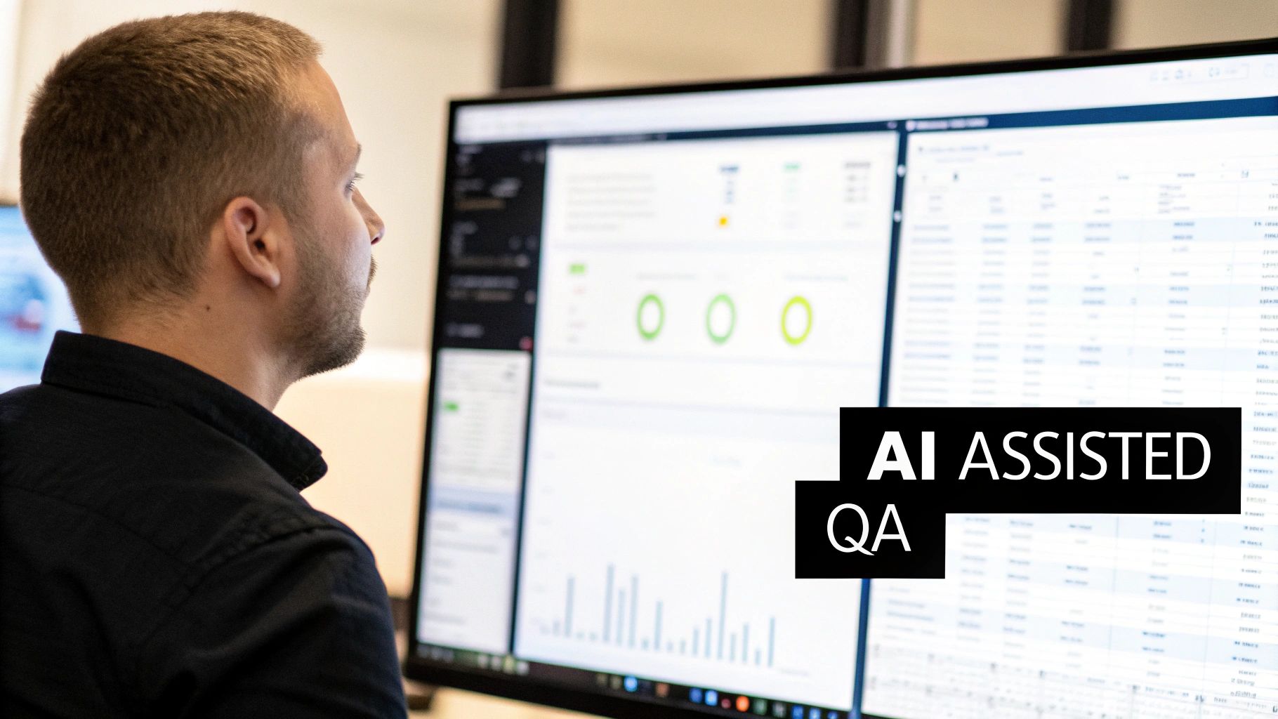 A man looks at a computer screen with data dashboards and 'AI ASSISTED QA' overlay.